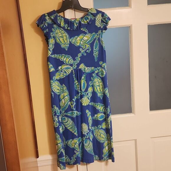 Lilly Pulitzer "Fallin' in Love" Blue & Green Dress w/ Ruffled Neckline Size M - Picture 8 of 9